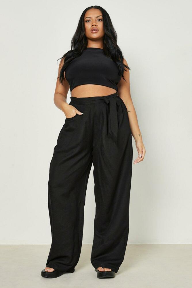 boohoo Womens Plus Linen Belted Wide Leg Pants - Black Cover