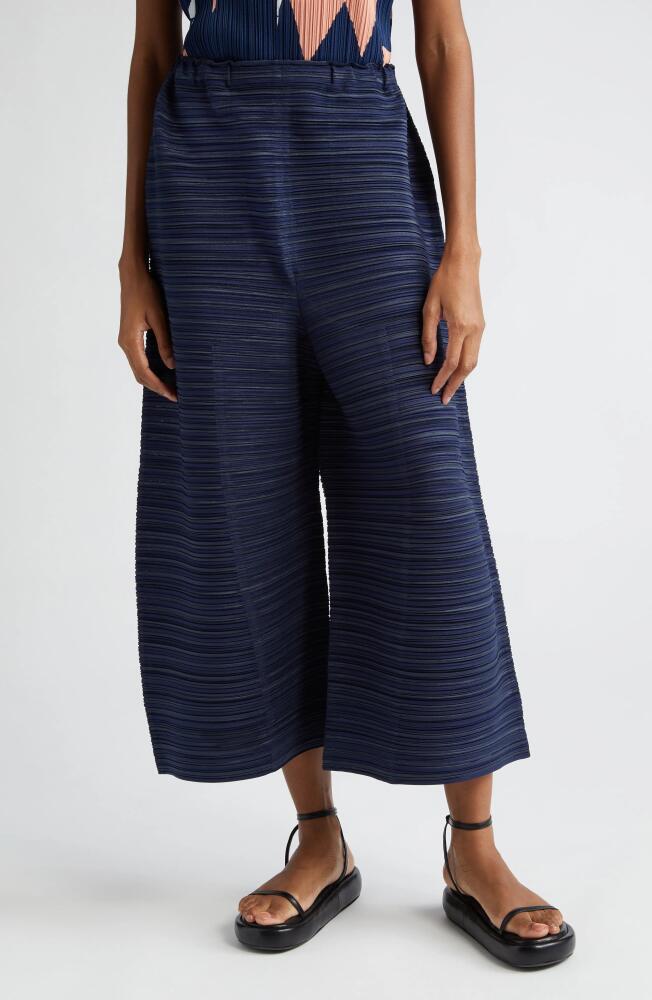 Pleats Please Issey Miyake Bounce Stripe Crop Wide Leg Pants in Dark Navy Cover