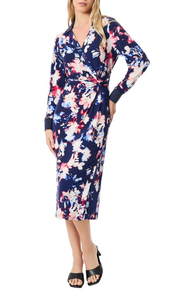 Jones New York Floral Long Sleeve Collared Faux Wrap Midi Dress in Pacific Navy Multi Cover