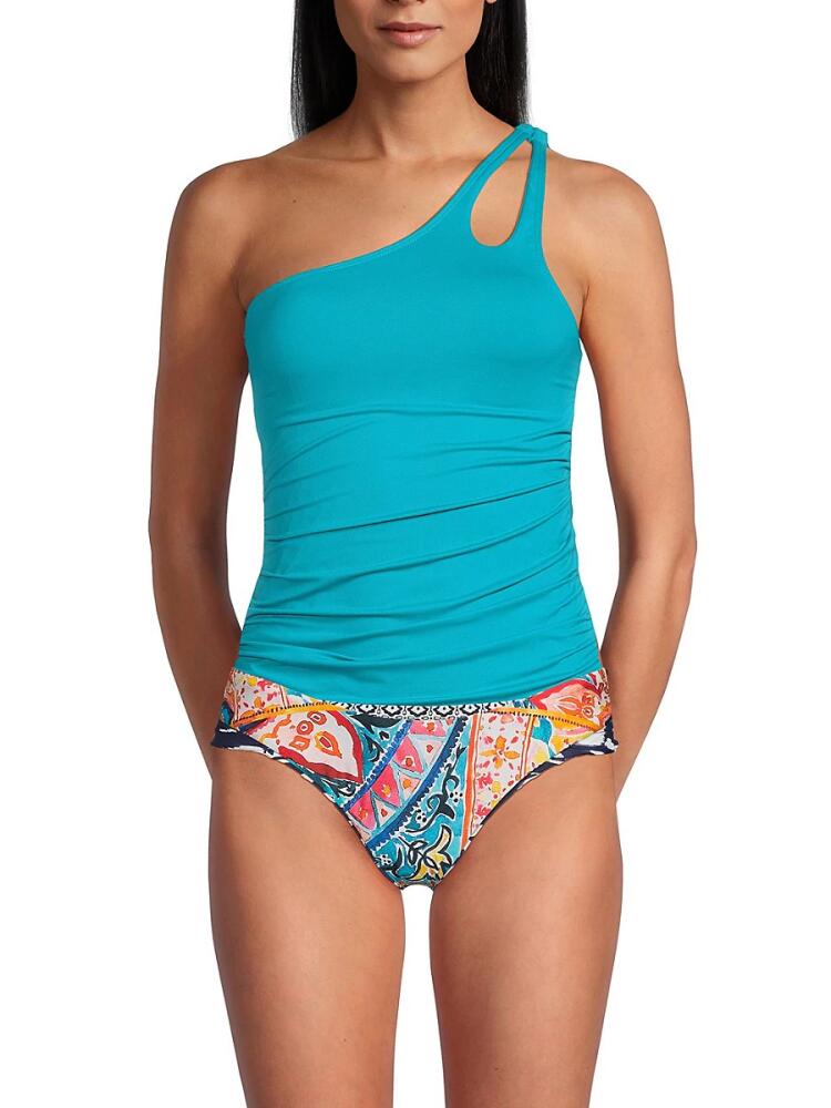 La Blanca Women's One Shoulder Cutout Tankini Top - Turquoise Cover