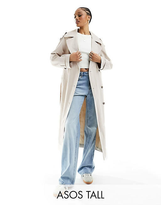 ASOS DESIGN Tall linen mix trench coat in stone-Neutral Cover