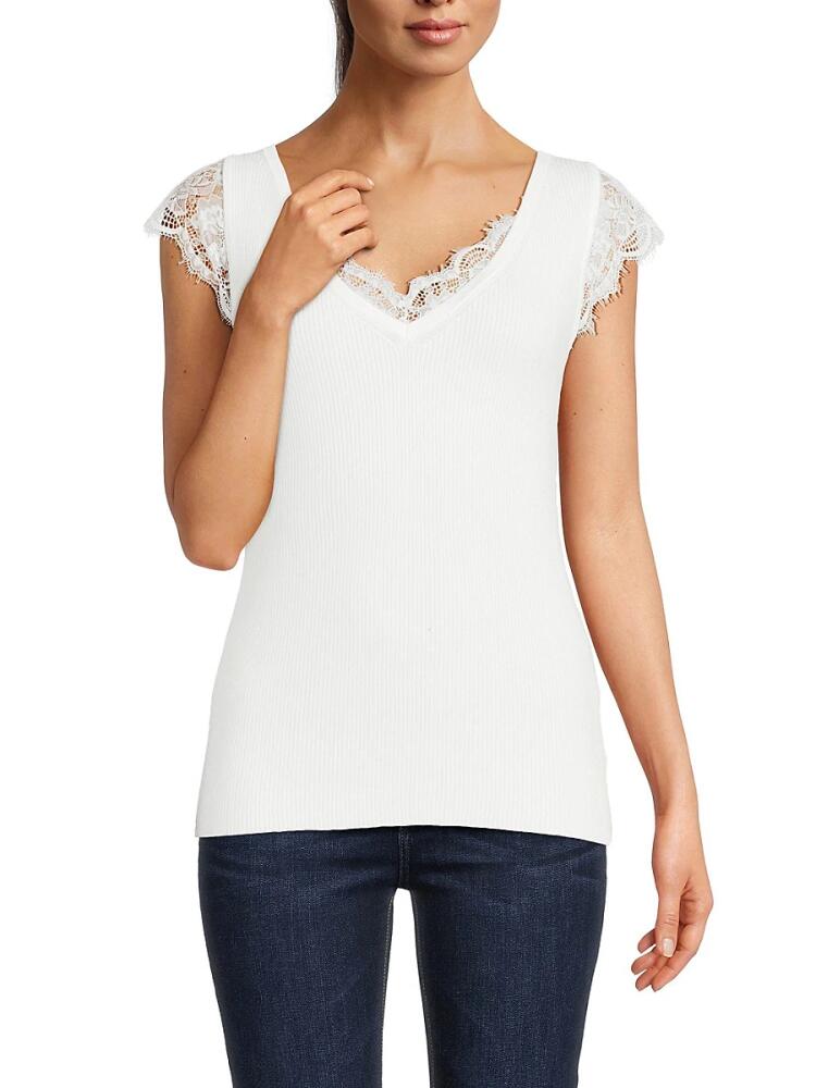 T Tahari Women's Lace Vneck Top - White Star Cover