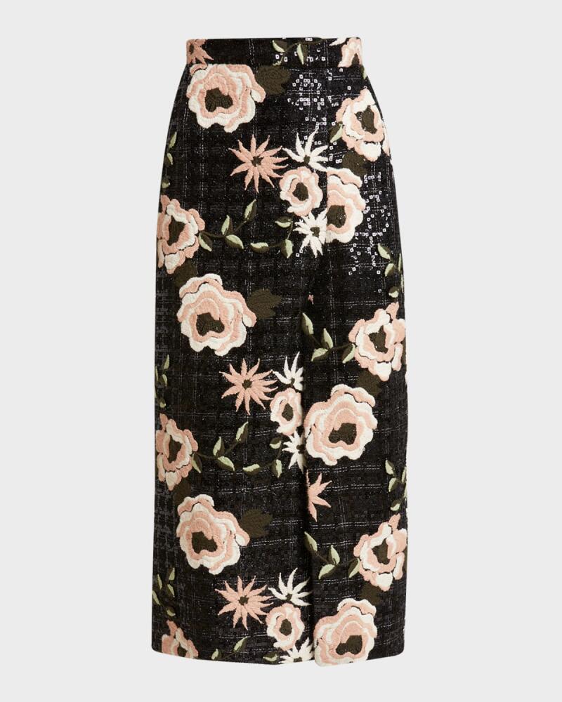 Elie Saab Floral Embroidered Paillette Tweed Midi Wrap Skirt Cover