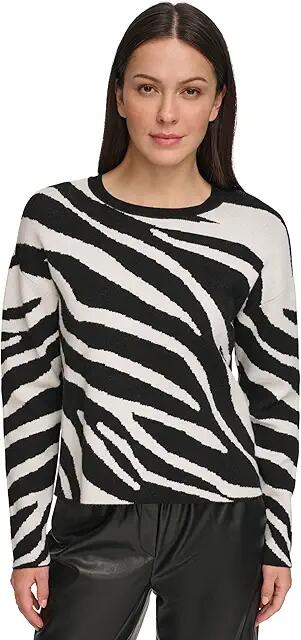 DKNY Long Sleeve Zebra Crew Neck Sweater (Ivory/Black) Women's Clothing Cover