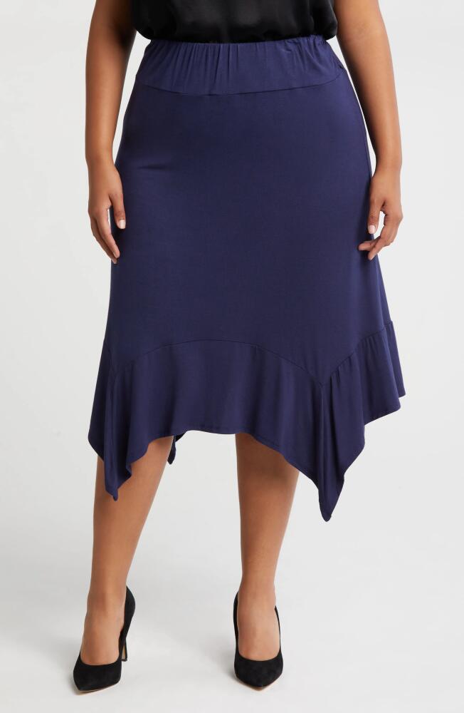 24seven Comfort Apparel Handkerchief Hem Jersey Midi Skirt in Navy Cover