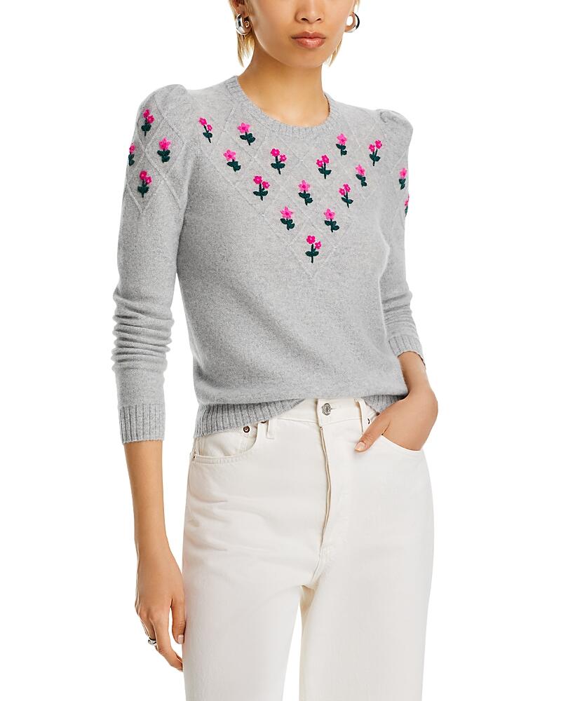 Aqua Cashmere Puff Sleeve Embroidered Floral Cashmere Sweater - Exclusive Cover