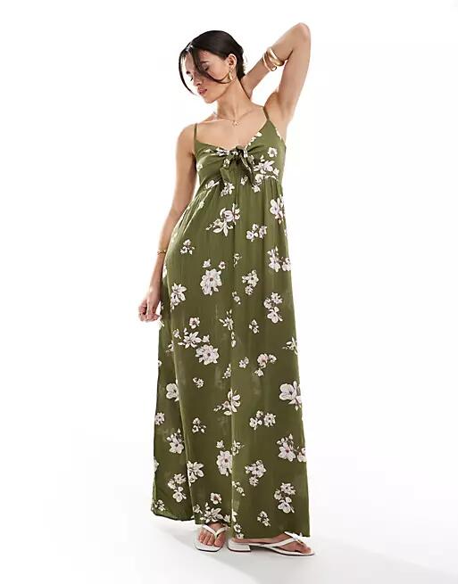 JDY tie front maxi dress in khaki floral-Green Cover