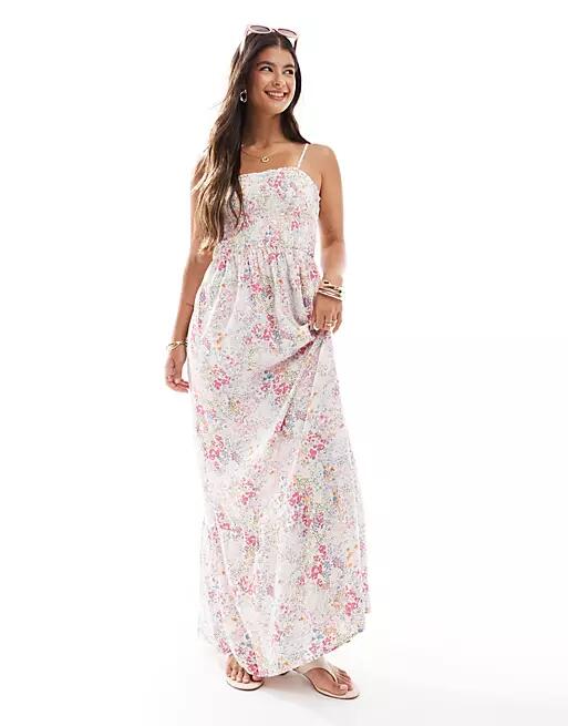 JDY shirred top maxi dress in ditsy pink floral Cover