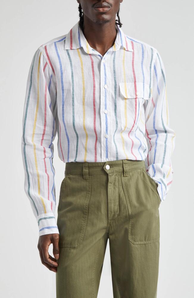 Drake's Primary Stripe Linen Button-Up Shirt in Primary Multi/White Cover