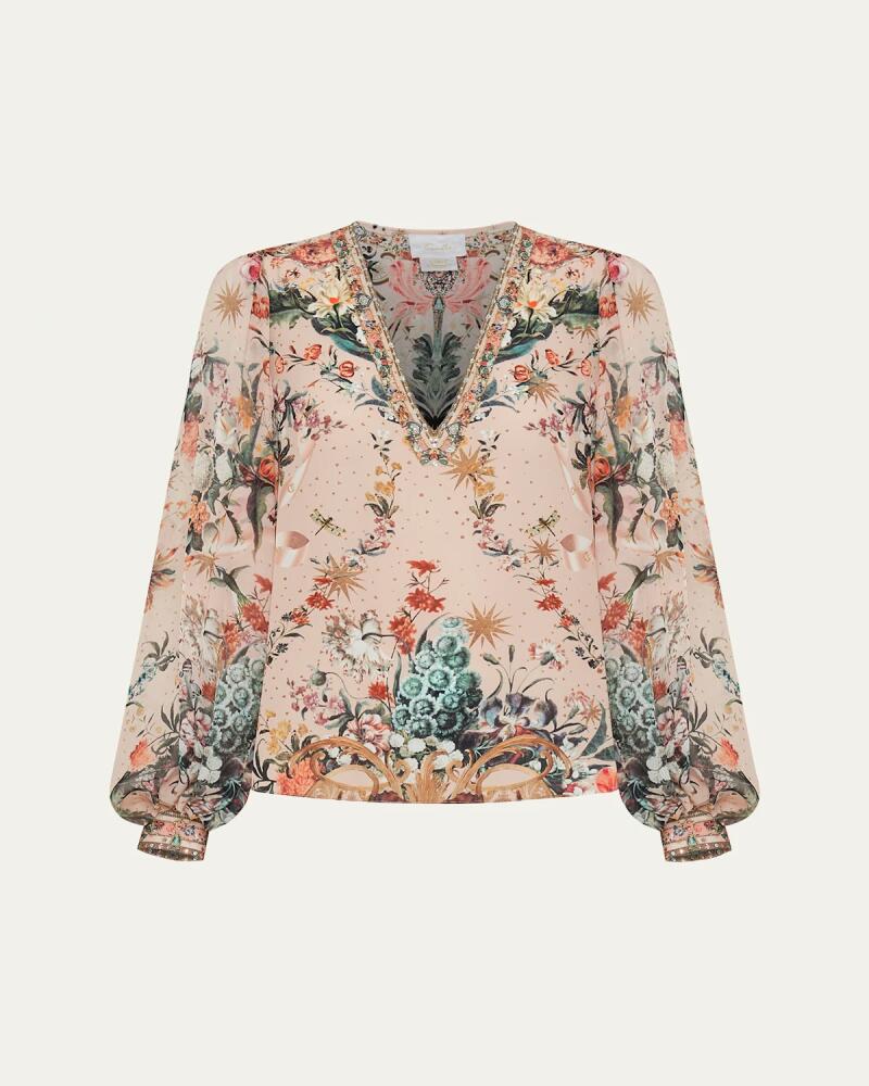 Camilla Silk V-Neck Blouson-Sleeve Blouse Cover