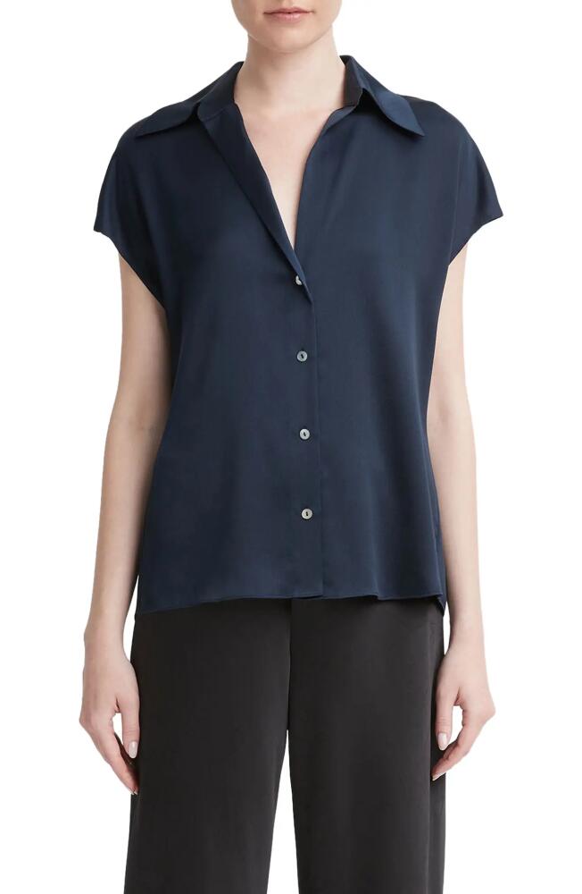 Vince Cap Sleeve Gathered Back Short Sleeve Silk Button-Up Shirt in Coastal Cover