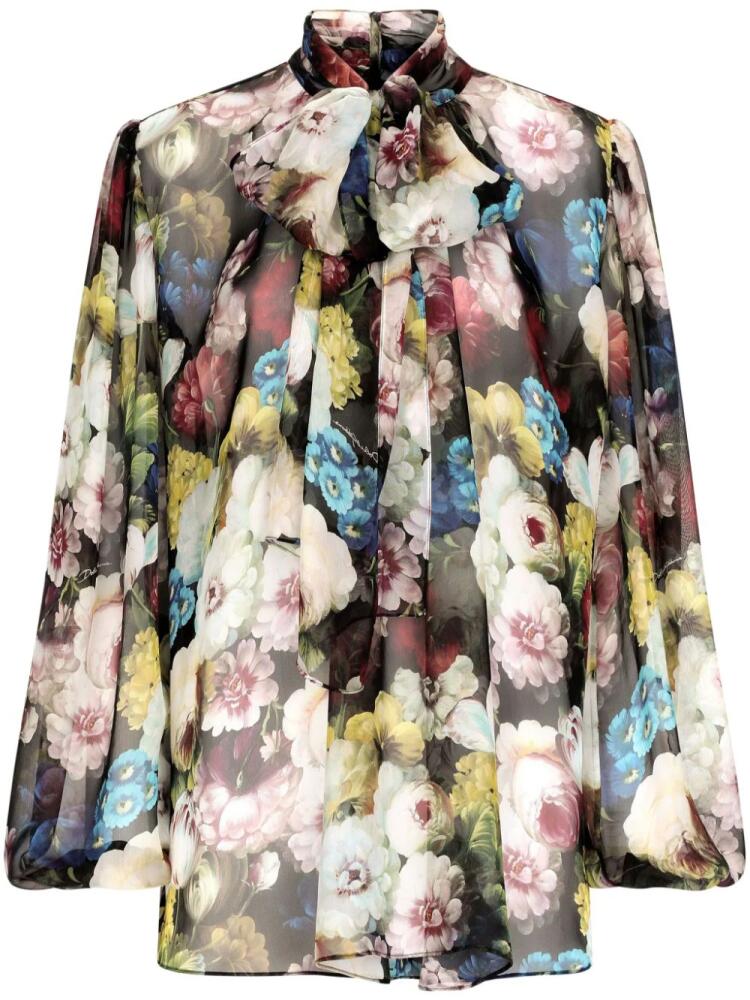 Dolce & Gabbana floral-print attached-scarf silk blouse - Black Cover