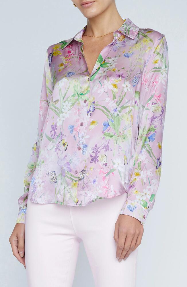 L'AGENCE Tyler Floral Silk Button-Up Shirt in Lilac Botanical Butterfly Cover