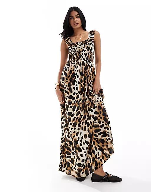 JDY shirred top maxi dress in leopard print-Brown Cover