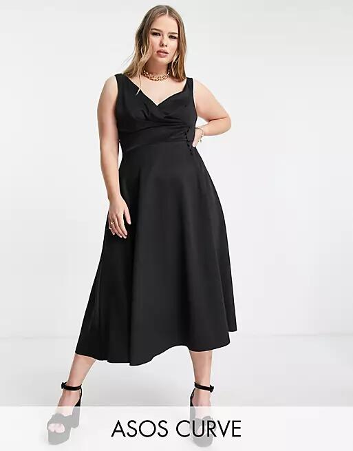 ASOS DESIGN Curve button detail midi prom dress in black Cover