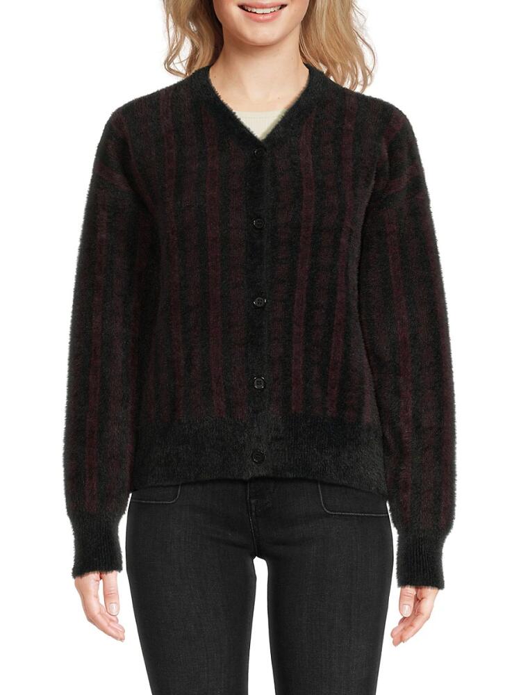 YAL New York Women's Fuzzy Striped Cardigan - Burgundy Black Cover