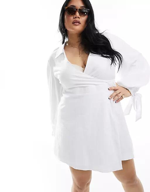 Extro & Vert Plus textured balloon sleeve wrap mini dress in white Cover