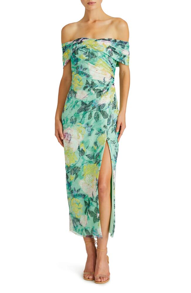 ML Monique Lhuillier Allie Floral Print Off the Shoulder Lace Midi Cocktail Dress in Wild Rose Cover