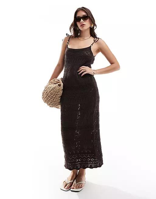 ONLY crochet bead detail maxi dress in brown Cover