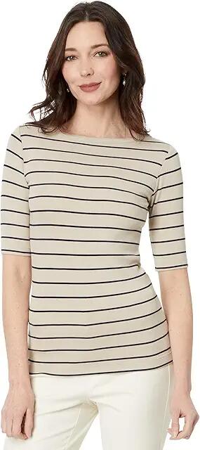 NIC+ZOE Wide Stripe Rib Knit Boatneck Tee (Neutral Multi) Women's Clothing Cover