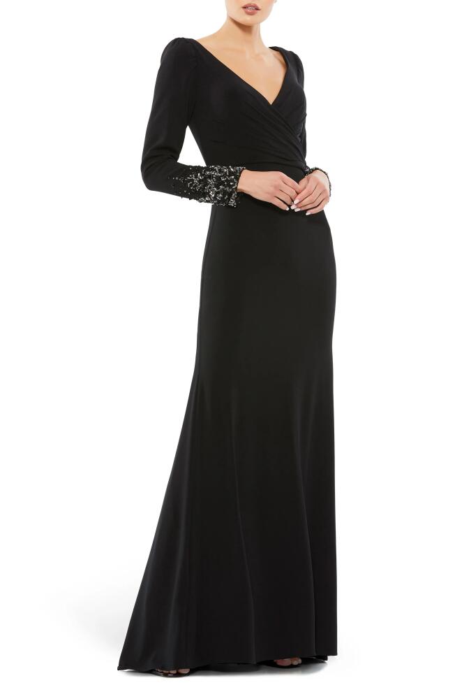 Mac Duggal Beaded Cuff Long Sleeve Wrap Front Gown in Black Cover