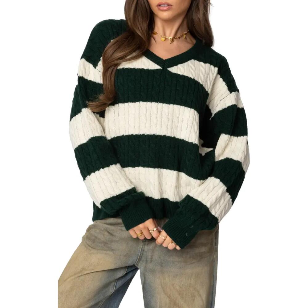 EDIKTED Stripe Oversized Cable Knit Sweater in Green Cover