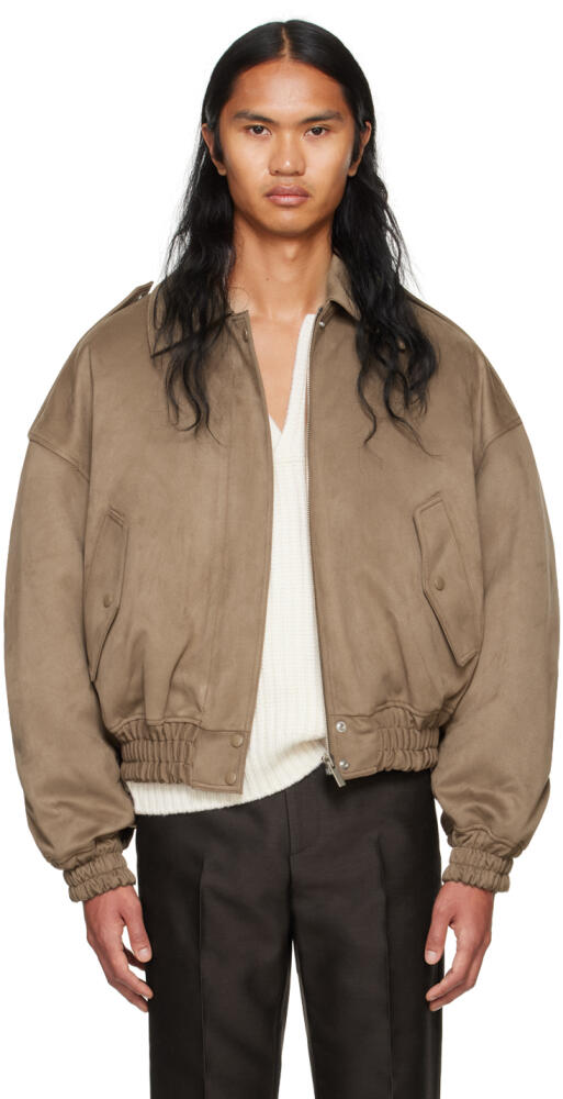 System Brown Spread Collar Faux-Leather Bomber Jacket Cover