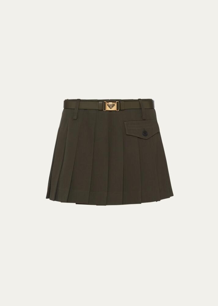 Prada Pleated Gabardine Leather Belted Mini Skirt Cover