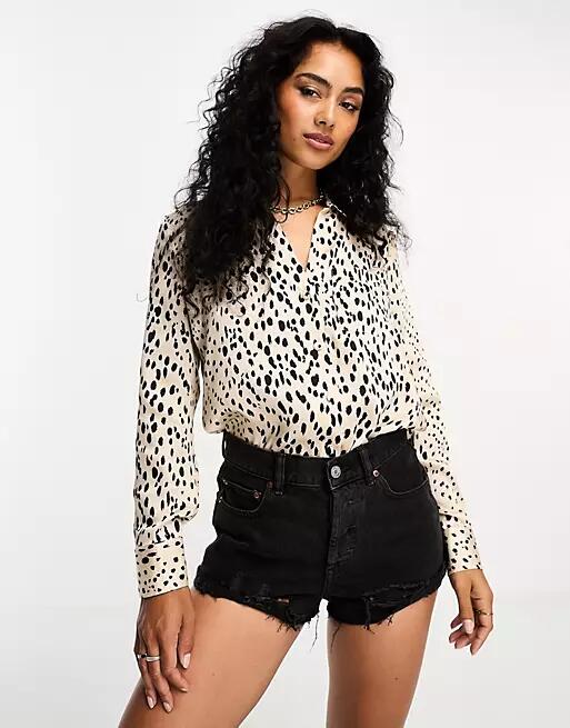 River Island spot print satin shirt in brown Cover