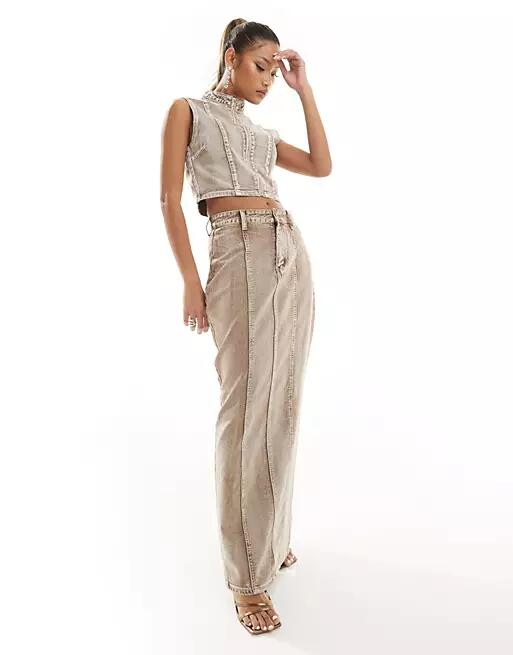 Simmi denim column maxi skirt in light wash sand - part of a set-Neutral Cover