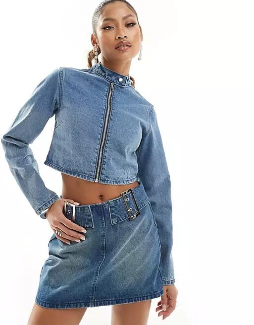 Simmi cropped denim moto jacket in blue mid wash - part of a set Cover