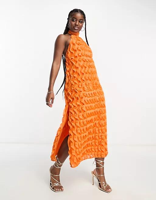 Miss Selfridge textured ruffle occasion halter maxi dress in orange Cover