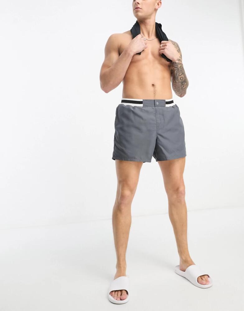 ASOS DESIGN swim shorts in mid length with smart styling in charcoal-Gray Cover