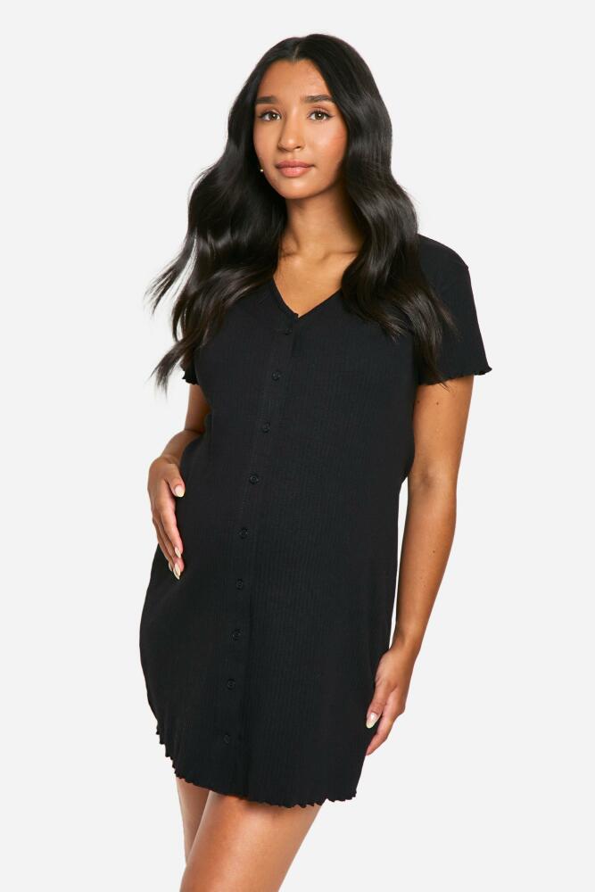 boohoo Womens Maternity Ribbed Button Down Nightgown - Black Cover