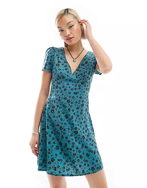 Glamorous v neck short sleeve mini tea dress in retro teal floral-Blue Cover