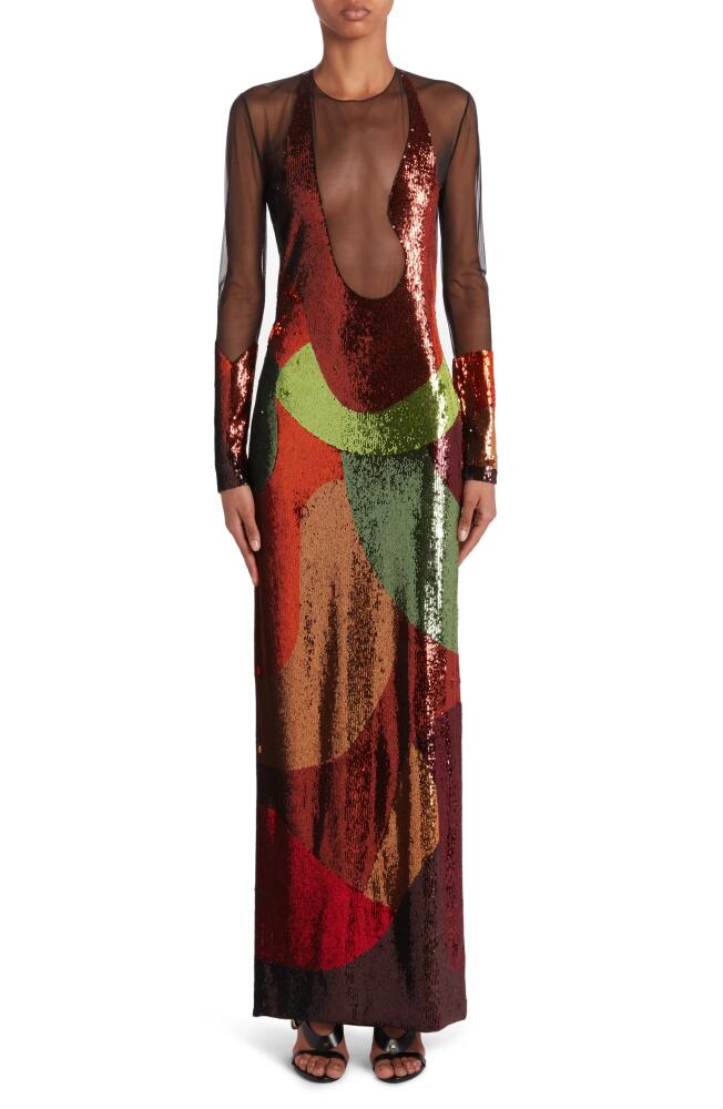 TOM FORD Long Sleeve Sequin & Mesh Gown in Black/Burgundy Multicolor Cover