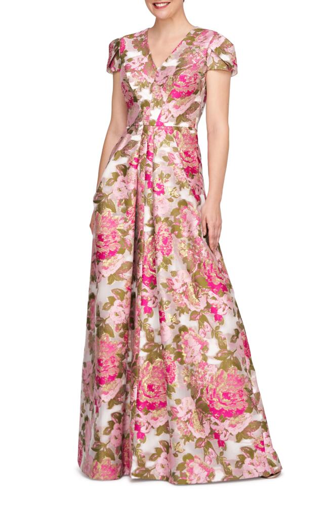 Kay Unger Odessa Metallic Floral A-Line Gown in Wild Raspberry Cover