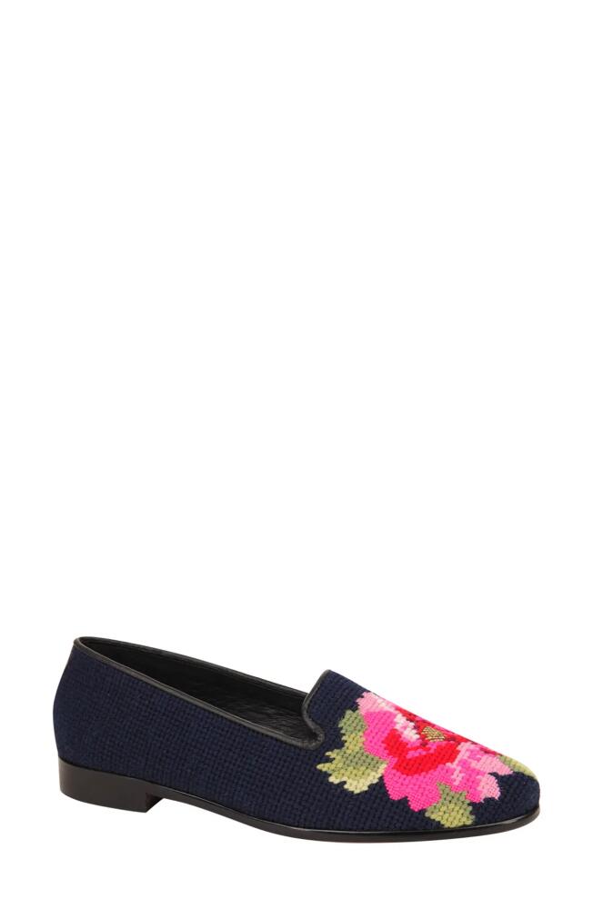 ByPaige Needlepoint Peony Flat in Pink Peony On Navy Loafer Cover