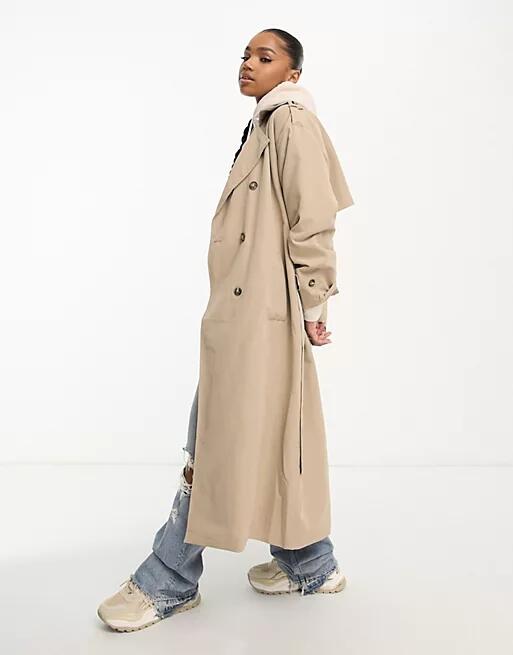 Vero Moda longline belted trench coat in stone-Neutral Cover