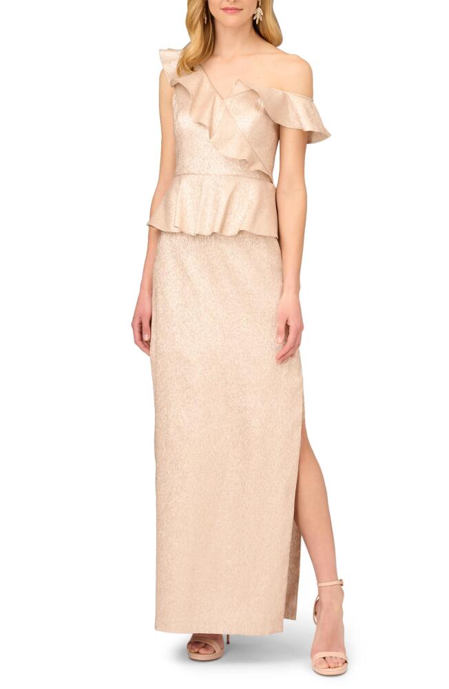 Aidan Mattox by Adrianna Papell Lamé Asymmetric Column Gown in Taupe Cover