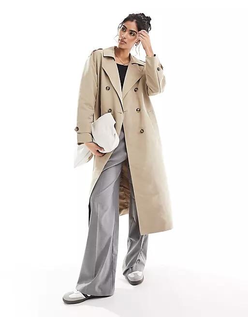 Vero Moda longline belted trench coat in stone-Neutral Cover