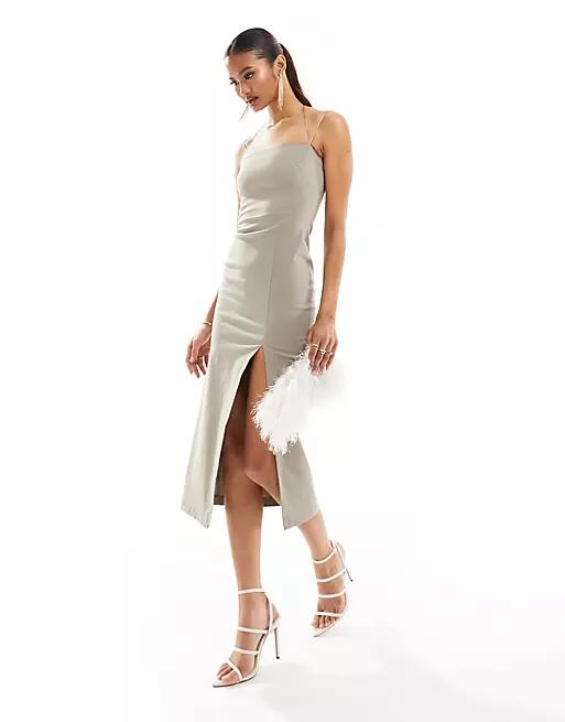 Vesper exclusive strappy detail thigh split midi dress in stone-Gray Cover