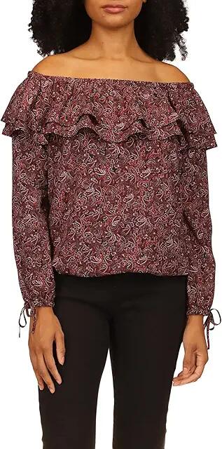 MICHAEL Michael Kors Petite Pop Paisley Ruffle Top (Royal Pink) Women's Clothing Cover