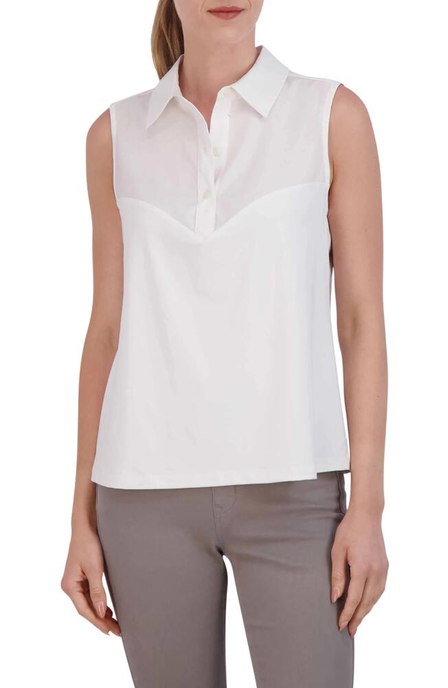 Foxcroft Mixed Media Sleeveless Button-Up Shirt in White Cover