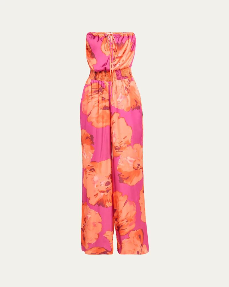 Ramy Brook Mindy Watercolor Bloom Strapless Wide-Leg Jumpsuit Cover