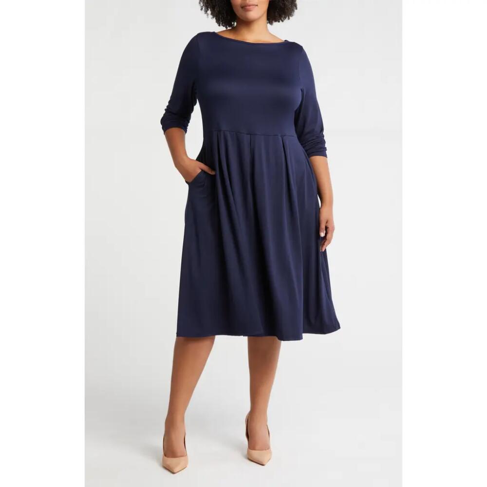 24seven Comfort Apparel Fit & Flare Long Sleeve Jersey Midi Dress in Navy Cover