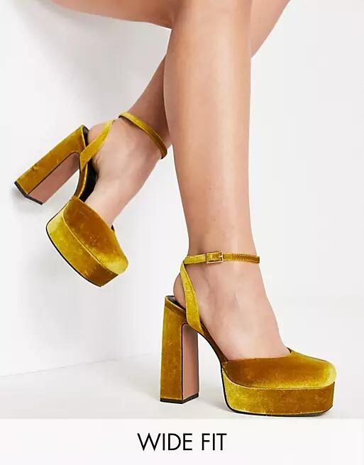 ASOS DESIGN Wide Fit Peaked platform high heeled shoes in mustard velvet-Yellow Cover