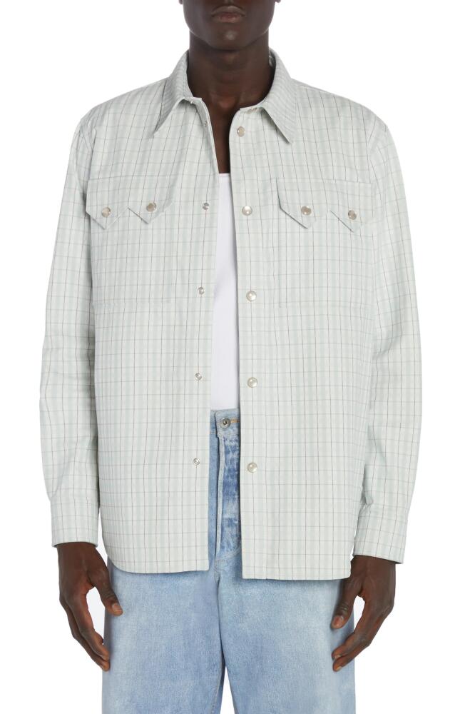 Bottega Veneta Check Print Leather Snap-Up Western Shirt in White/Grey/Mint Cover