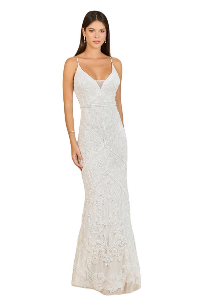 LARA New York Beaded Spaghetti Strap Fitted Gown in Ivory Cover