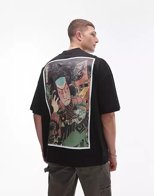 TOPMAN X ASHMOLEAN premium extreme oversized fit T-shirt with Samurai print patch in black Cover